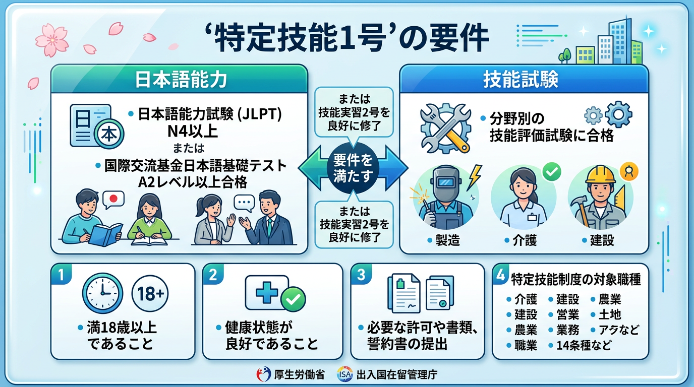 Japanese Specified Skilled Worker 1 requirements including language proficiency, skill exam, age, health, documents, and targeted job sectors